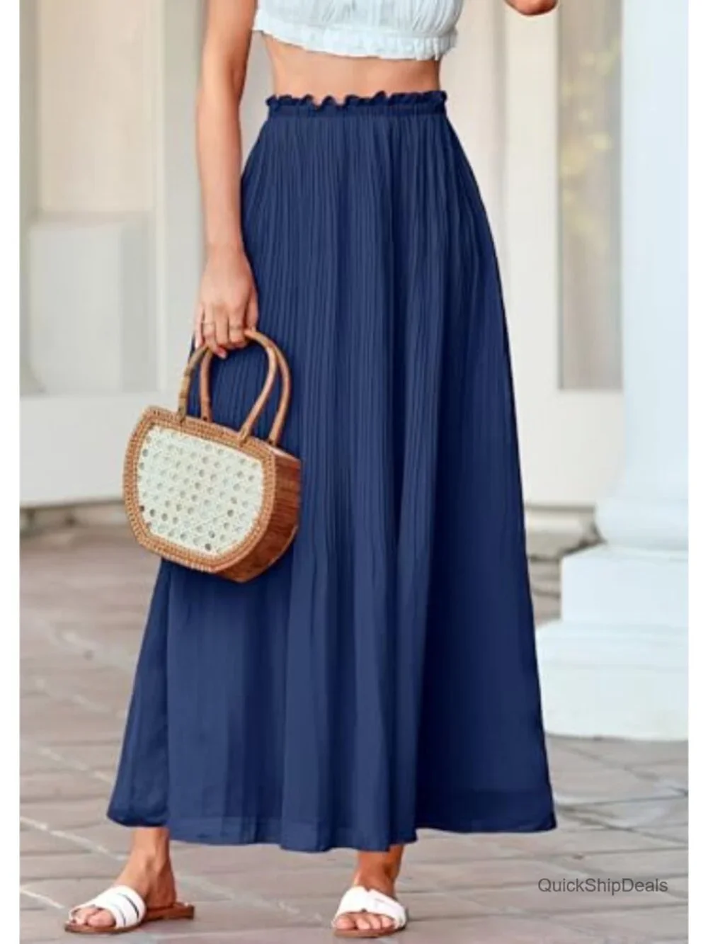 Pleated Chiffon A-Line Elastic High Waist Midi Skirt for Summer Vacation Office